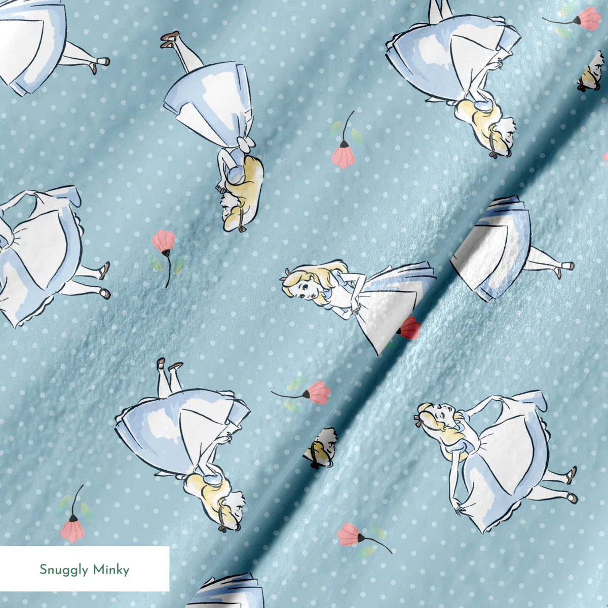 Blue polka dot pattern with illustrated characters in blue dresses and small pink flowers scattered throughout. springs minky texture