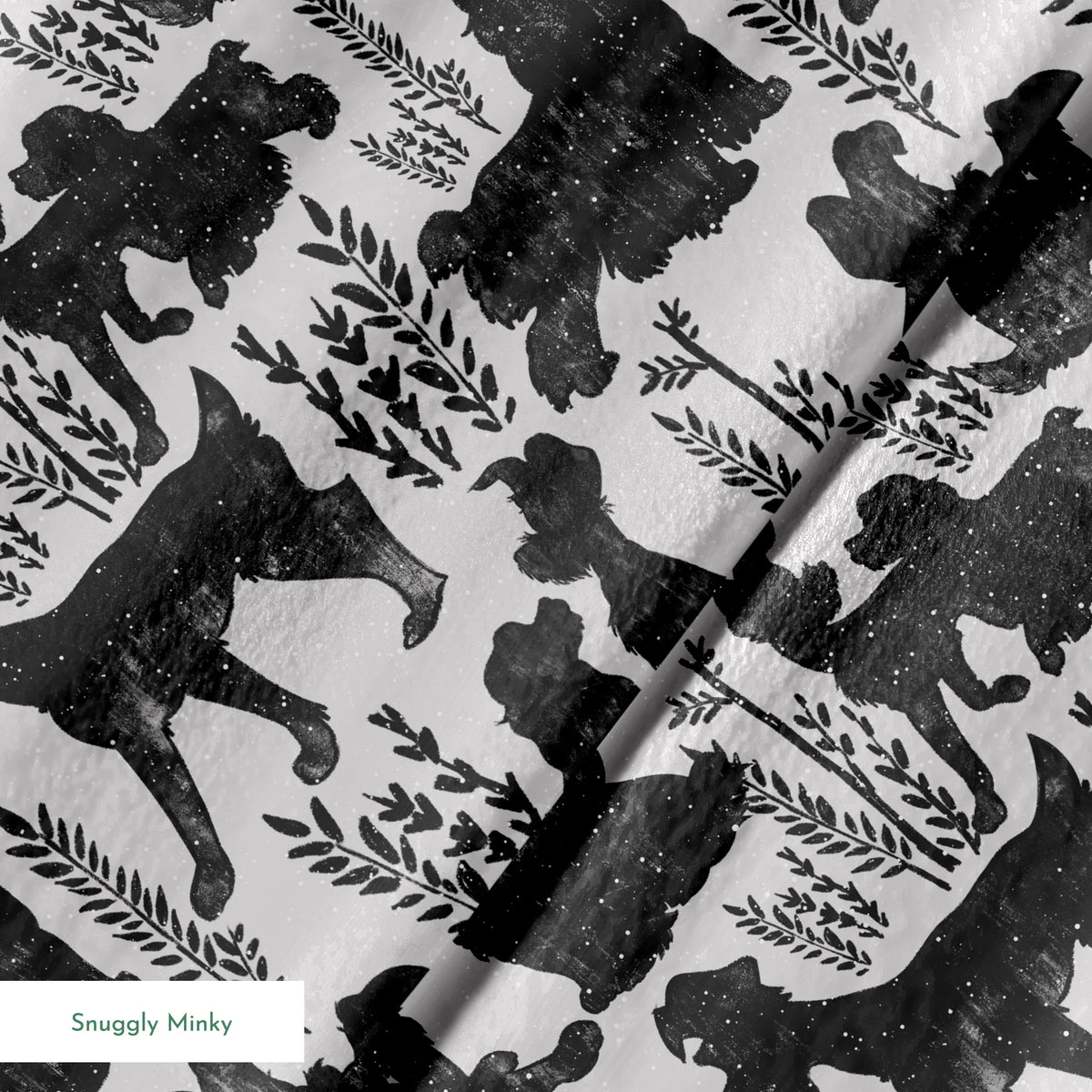 Repeating pattern of black dog silhouettes with decorative plant motifs on a light gray background springs minky texture
