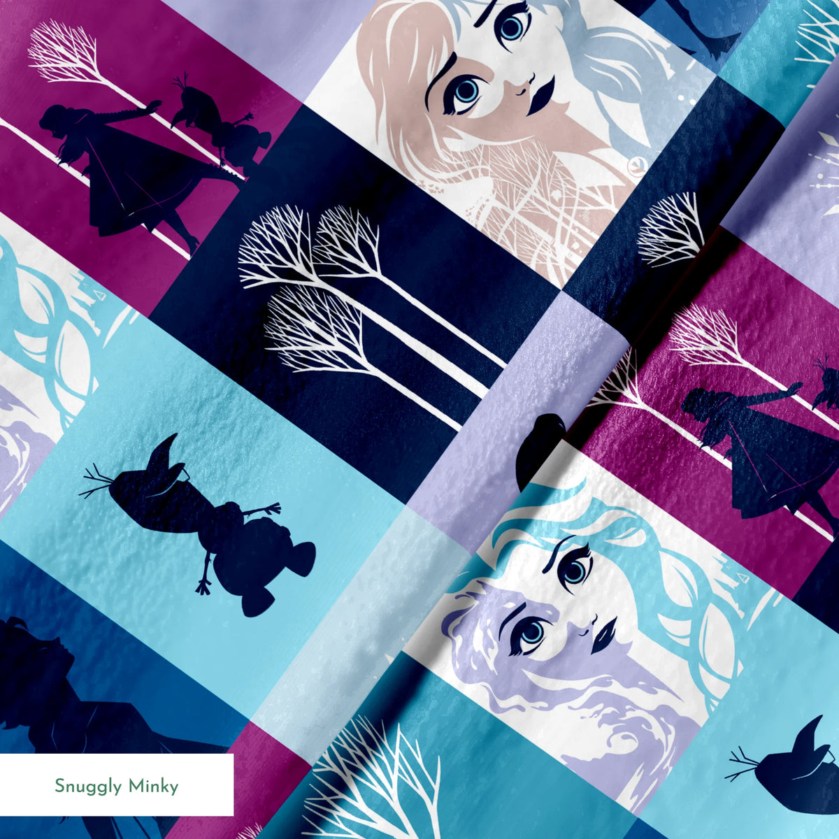 A grid of "Frozen" themed illustrations featuring character portraits, snowflakes, winter trees, and silhouetted scenes in shades of blue and purple. springs minky texture
