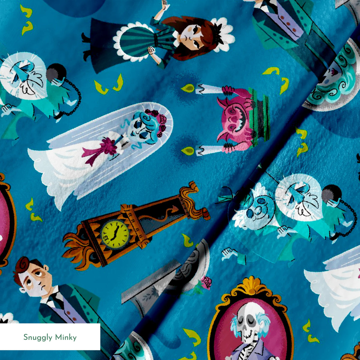 Haunted Mansion themed pattern with cartoon ghosts, portraits, coffins, and spooky elements on teal background springs minky texture