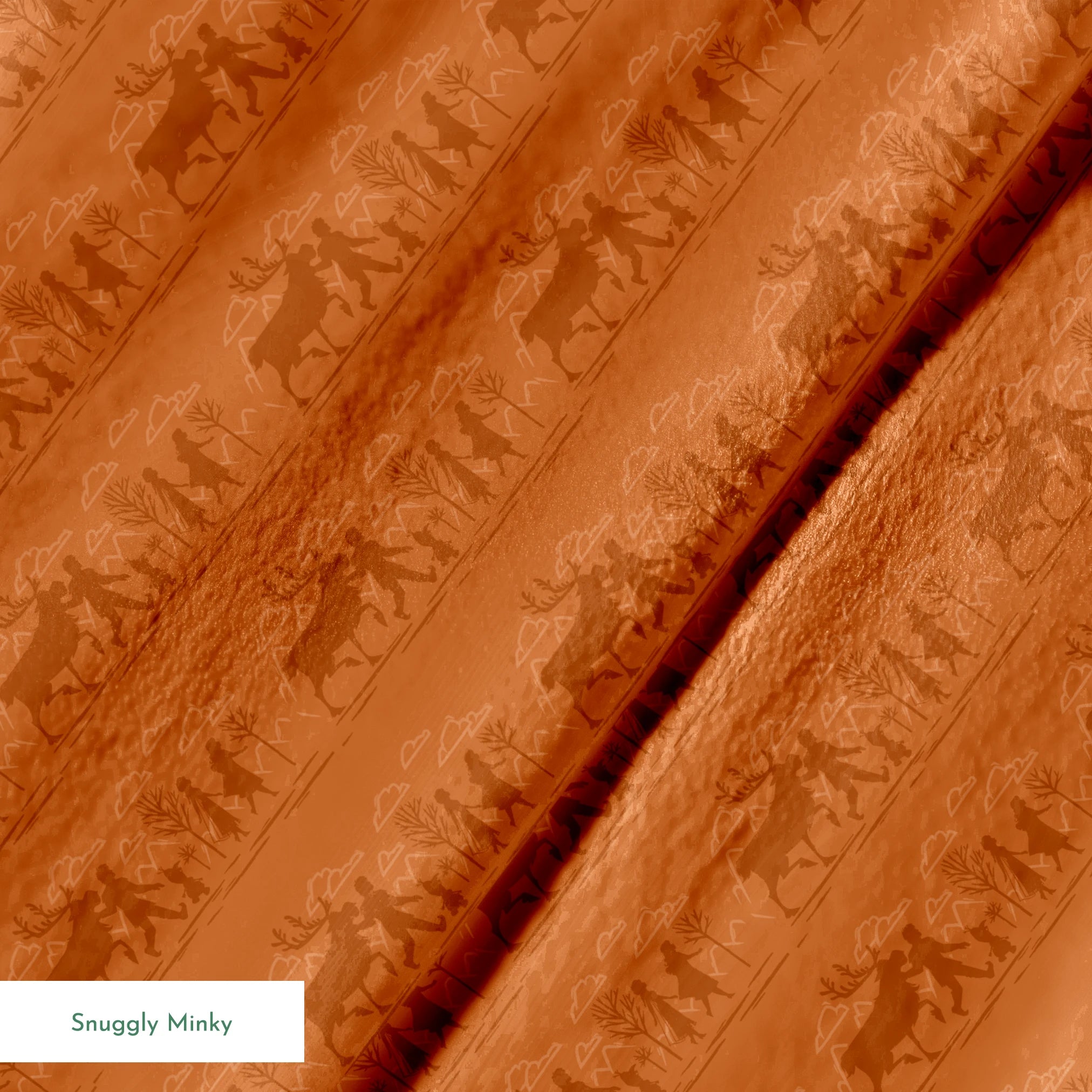 Repeating brown pattern with silhouettes of Frozen characters and trees in a rustic woodland scene springs minky texture