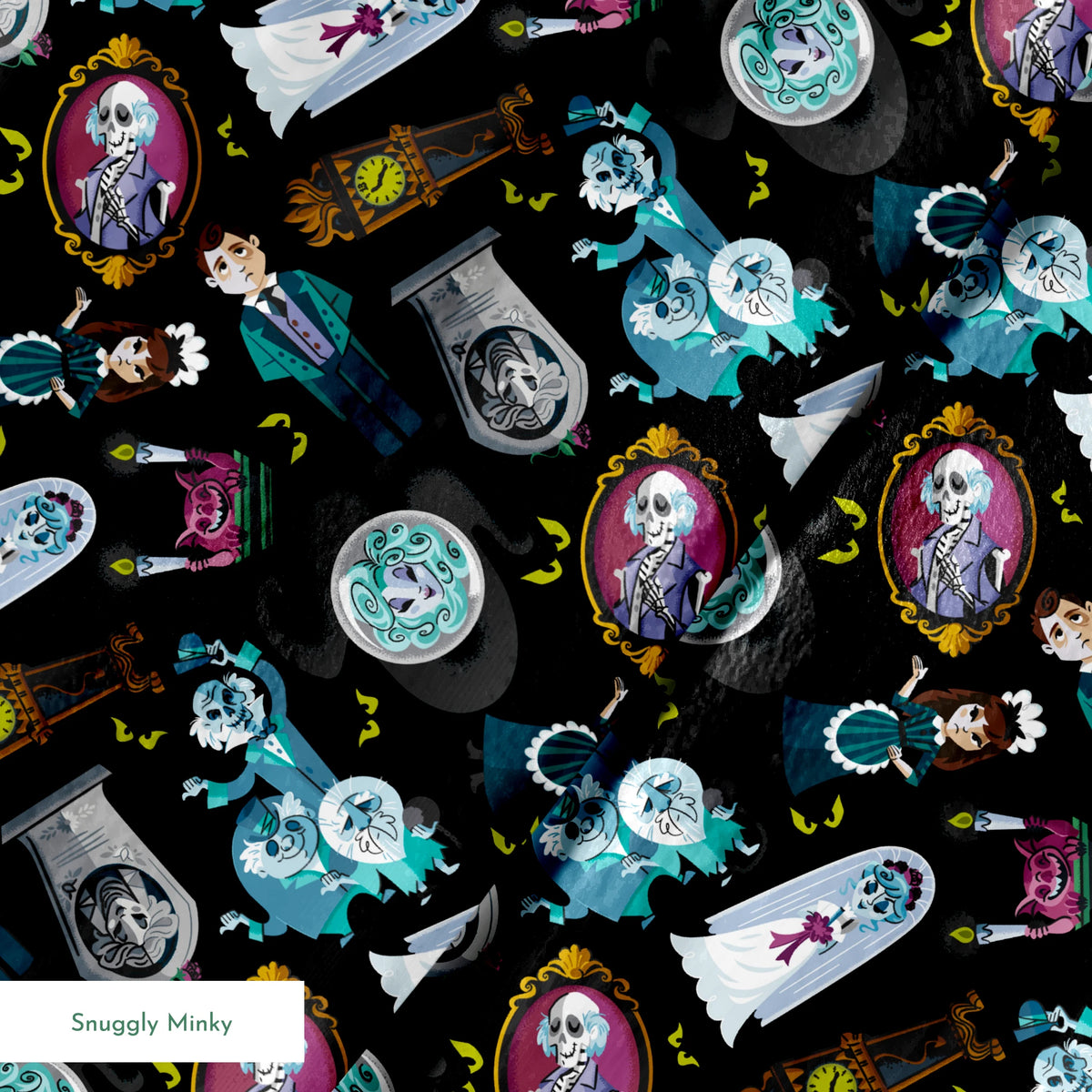 Haunted Mansion themed pattern with cartoon ghosts, characters, coffins, and spooky elements on black background springs minky texture