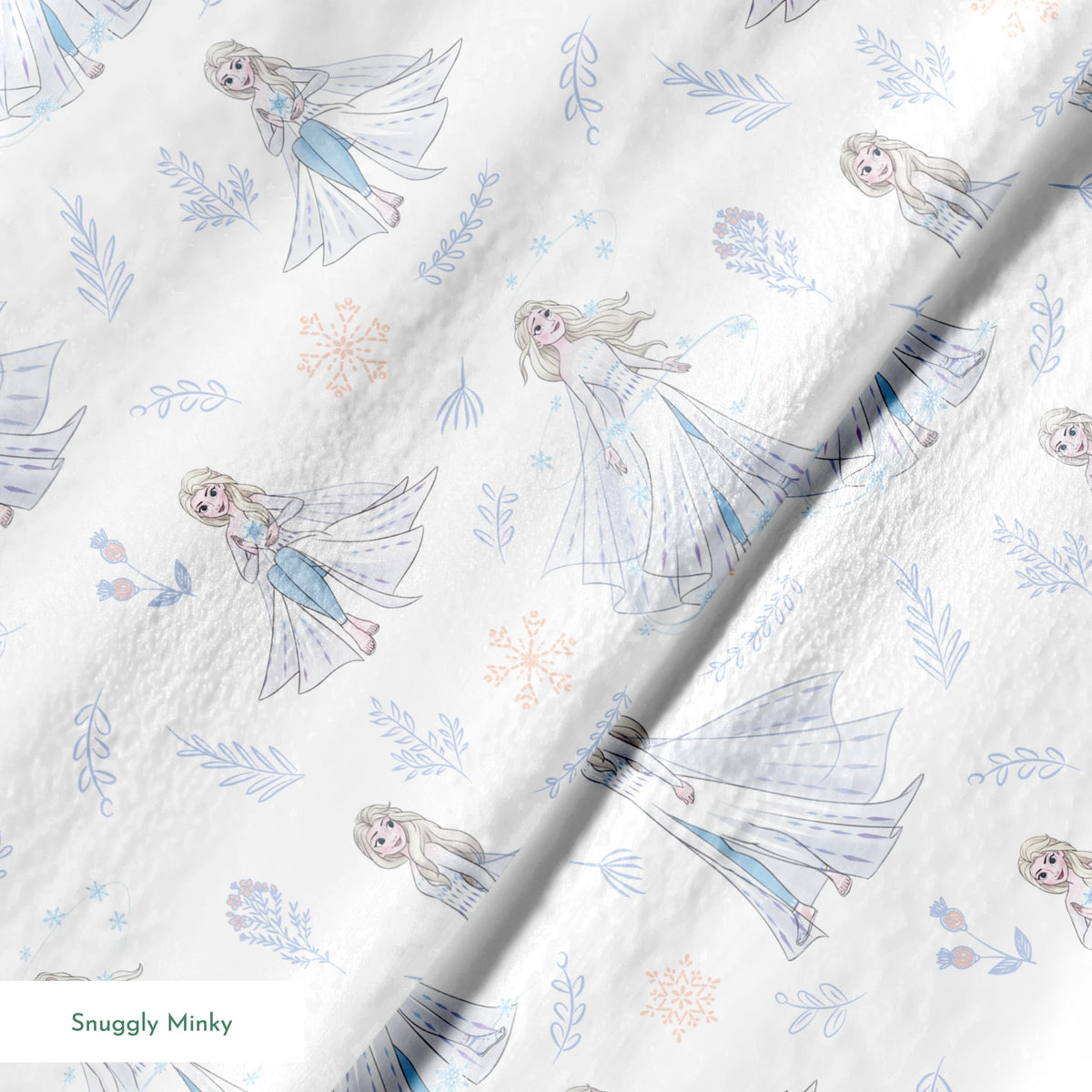 The image shows a decorative pattern featuringFrozen's Elsa, surrounded by delicate snowflakes, leaves, and floral elements in soft pastel colors on a light background. springs minky texture