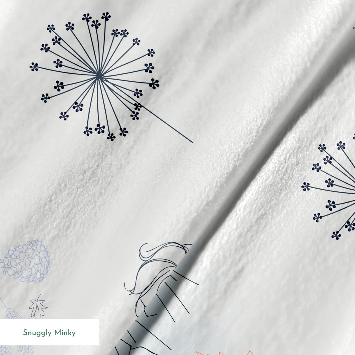 Delicate blue pattern featuring Frozen's Elsa and Anna surrounded by floral elements and dandelions on a light background springs minky texture