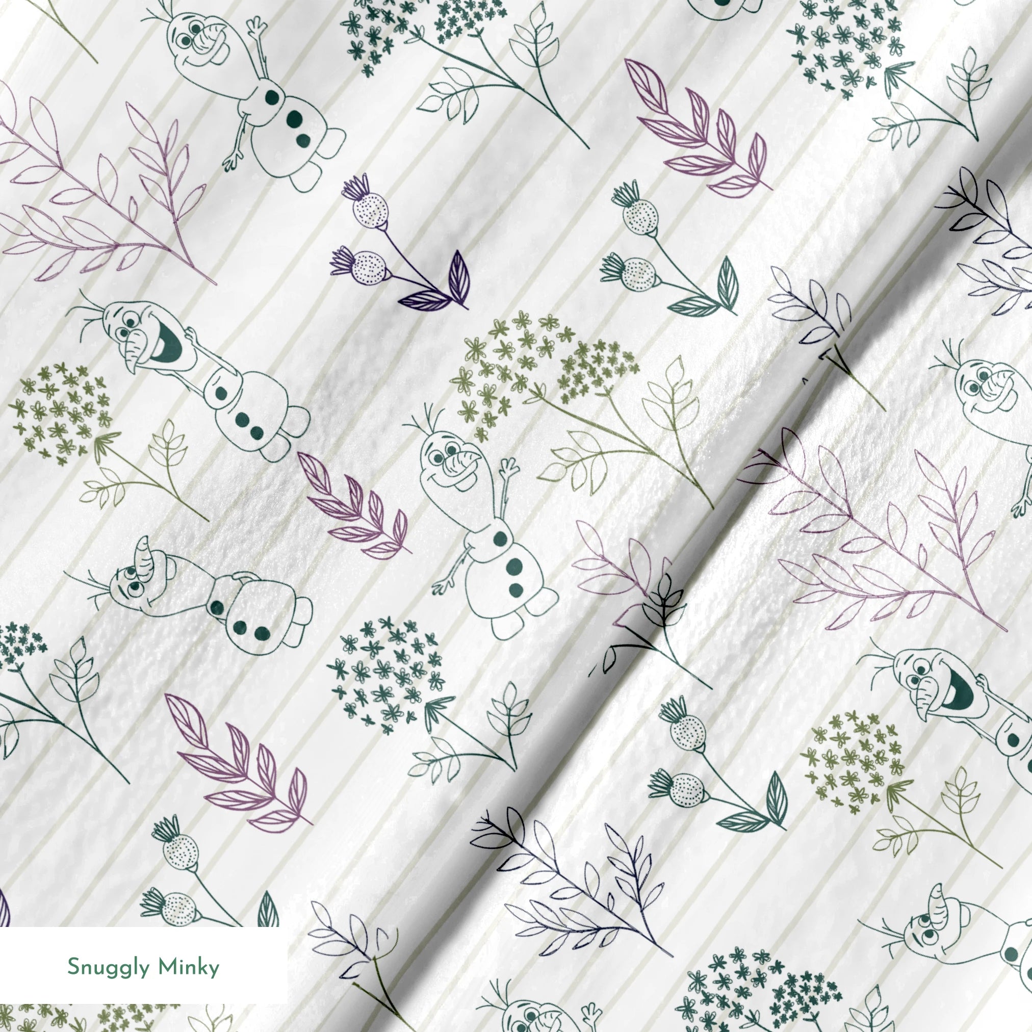 Pattern of sketched botanical elements, flowers, and Olaf on a lined background in soft greens and purples springs minky texture