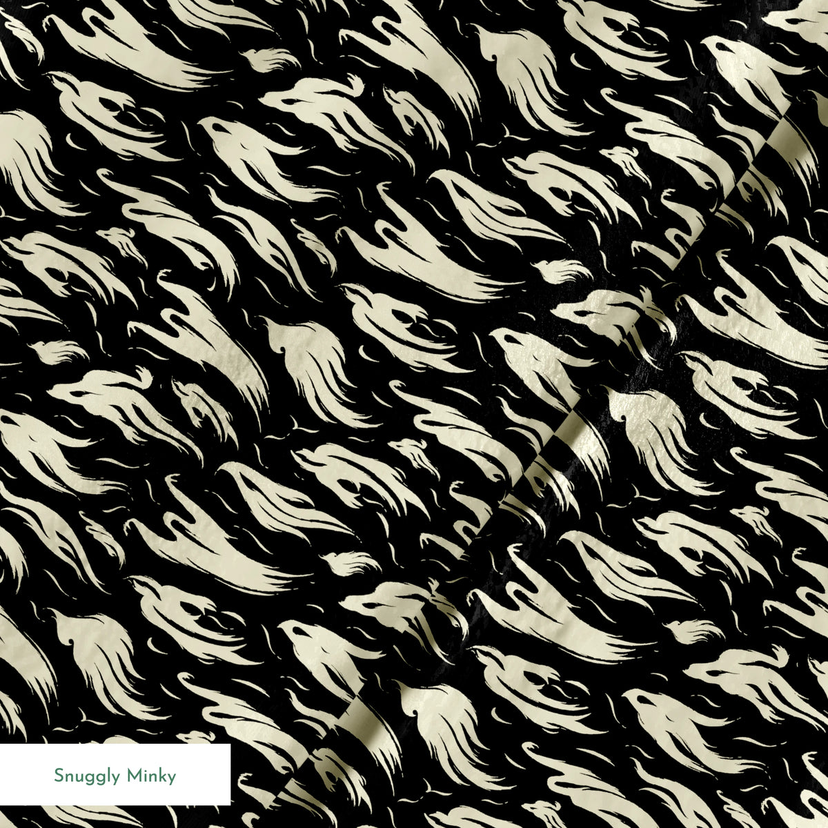 Abstract ghost-like shapes in pale cream swirling against a black background in a repeating pattern springs minky texture