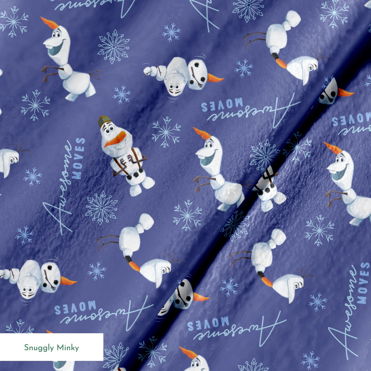 Playful Olaf the snowman pattern with snowflakes on purple background showing various poses springs minky texture