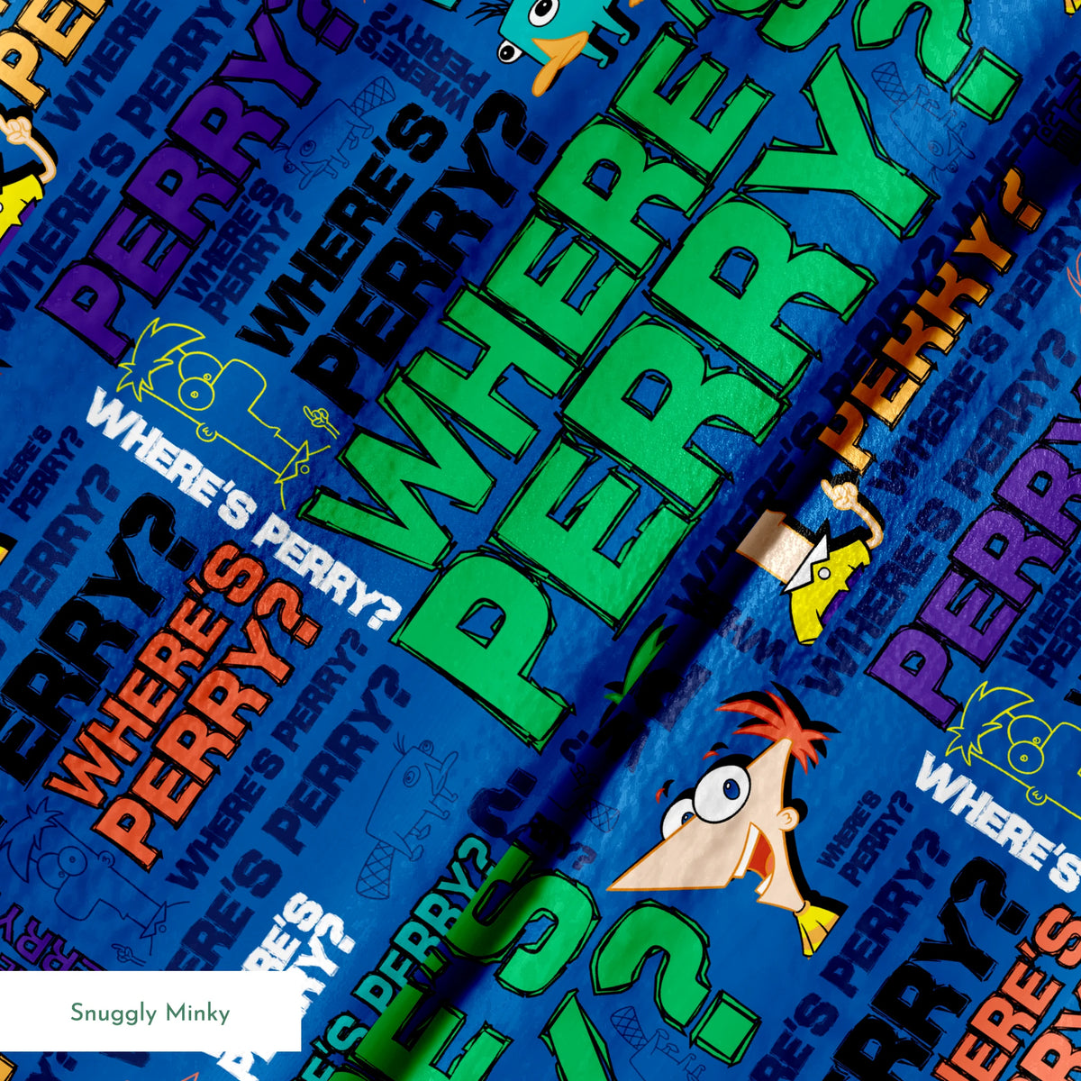 Phineas & Ferb pattern with "WHERE'S PERRY?" text repeated in various colors on blue background springs minky texture