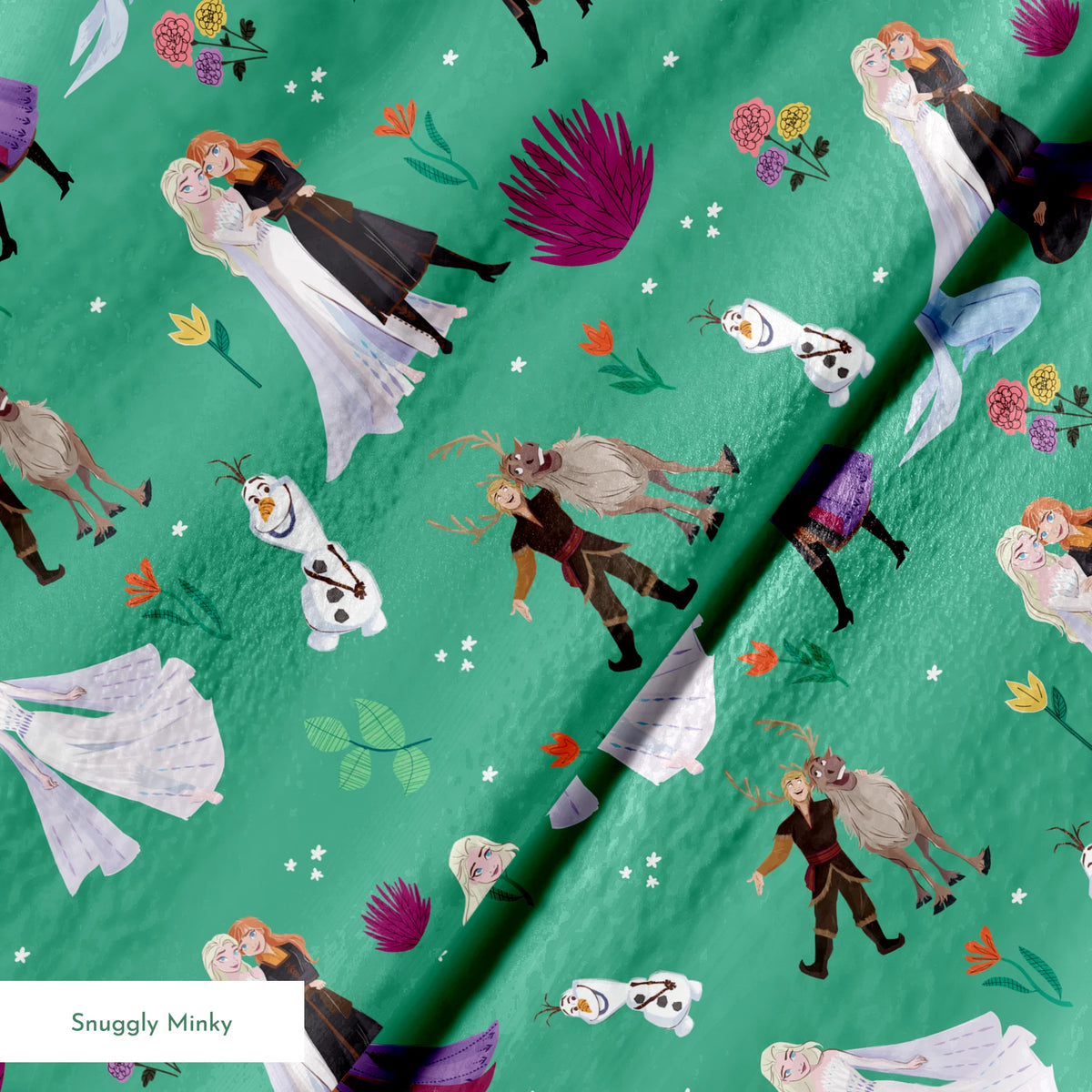 Pattern of animated characters from Frozen including Olaf the snowman, characters in formal attire, and colorful flowers on a green background. springs minky texture