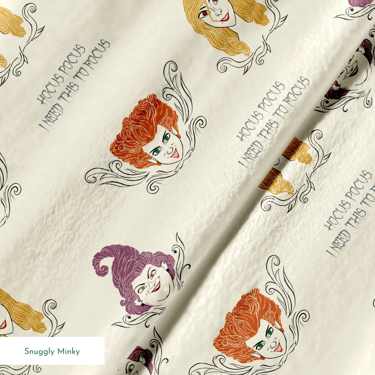 Pattern of illustrated magical characters with orange, blonde and purple hair on cream background with "Hocus Pocus" text springs minky texture