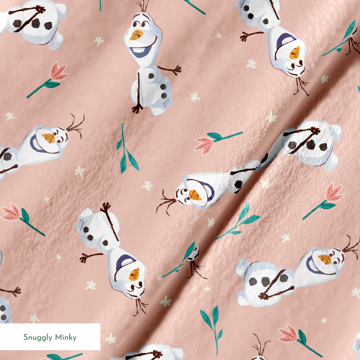 Playful pattern of Olaf scattered with green leaves on a peachy pink background springs minky texture