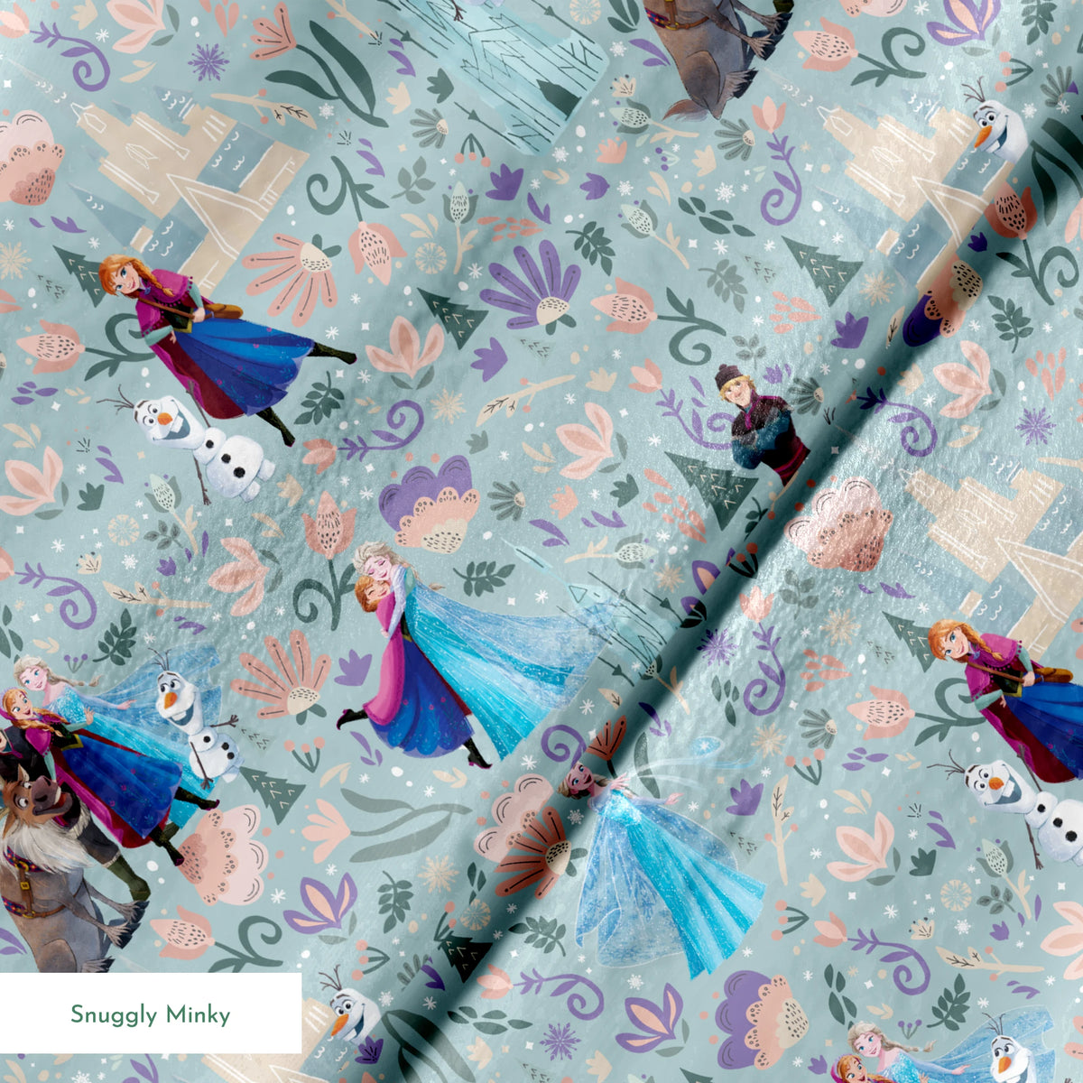 Frozen-themed pattern with the iconic characters, snowmen, flowers, and swirls on a light blue background springs minky texture