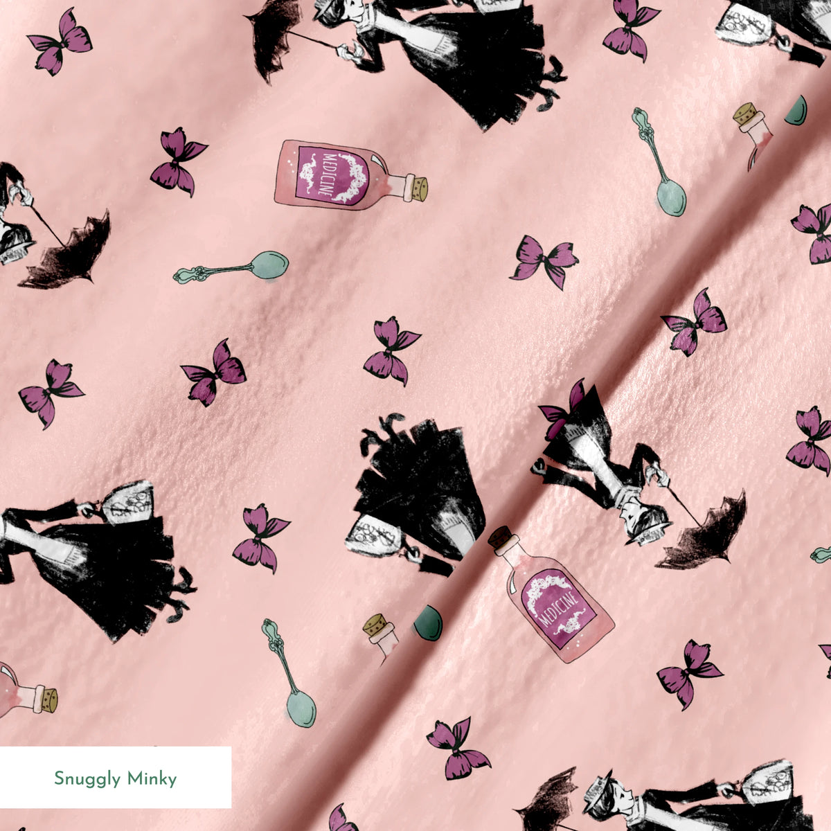 Whimsical illustration on pink background featuring Mary Poppins, purple bottles, and floating bows springs minky texture