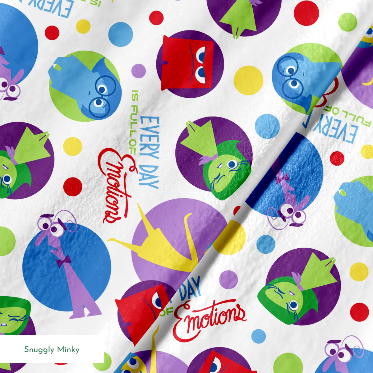 Colorful Inside Out characters in circles - Joy, Sadness, Fear, Disgust, and Anger on polka dot background springs minky texture
