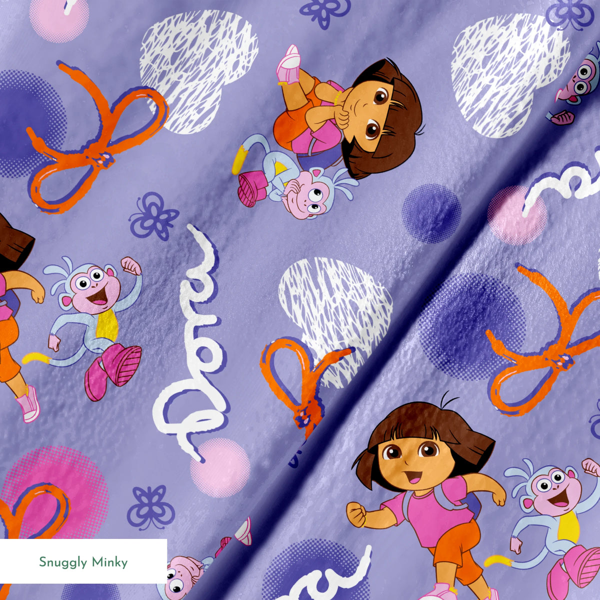 Cartoon pattern featuring Dora the Explorer, Boots the monkey, and other characters on purple background with bows and clouds. springs minky texture
