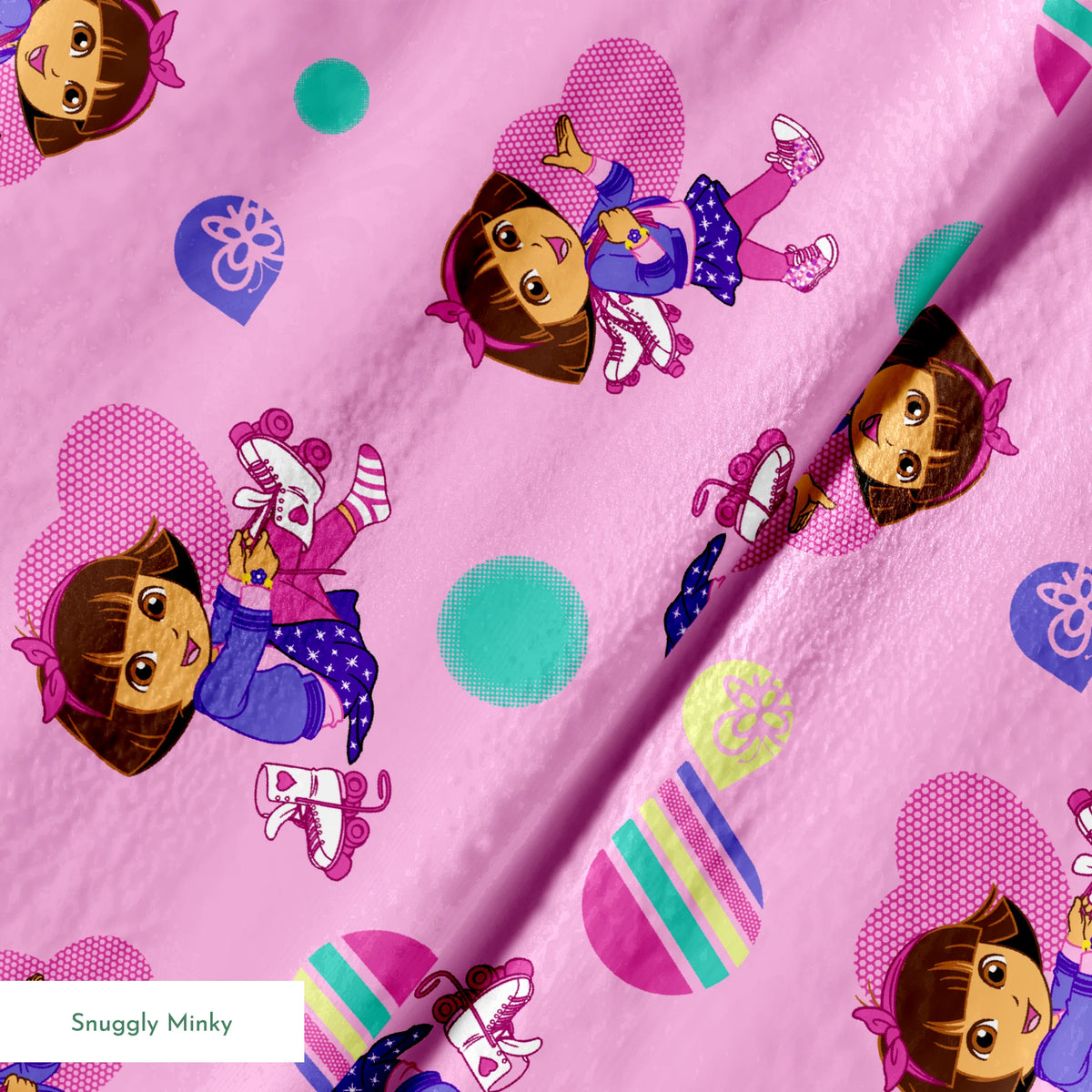 Dora the Explorer pattern with purple background, colorful polka dots and striped shapes springs minky texture