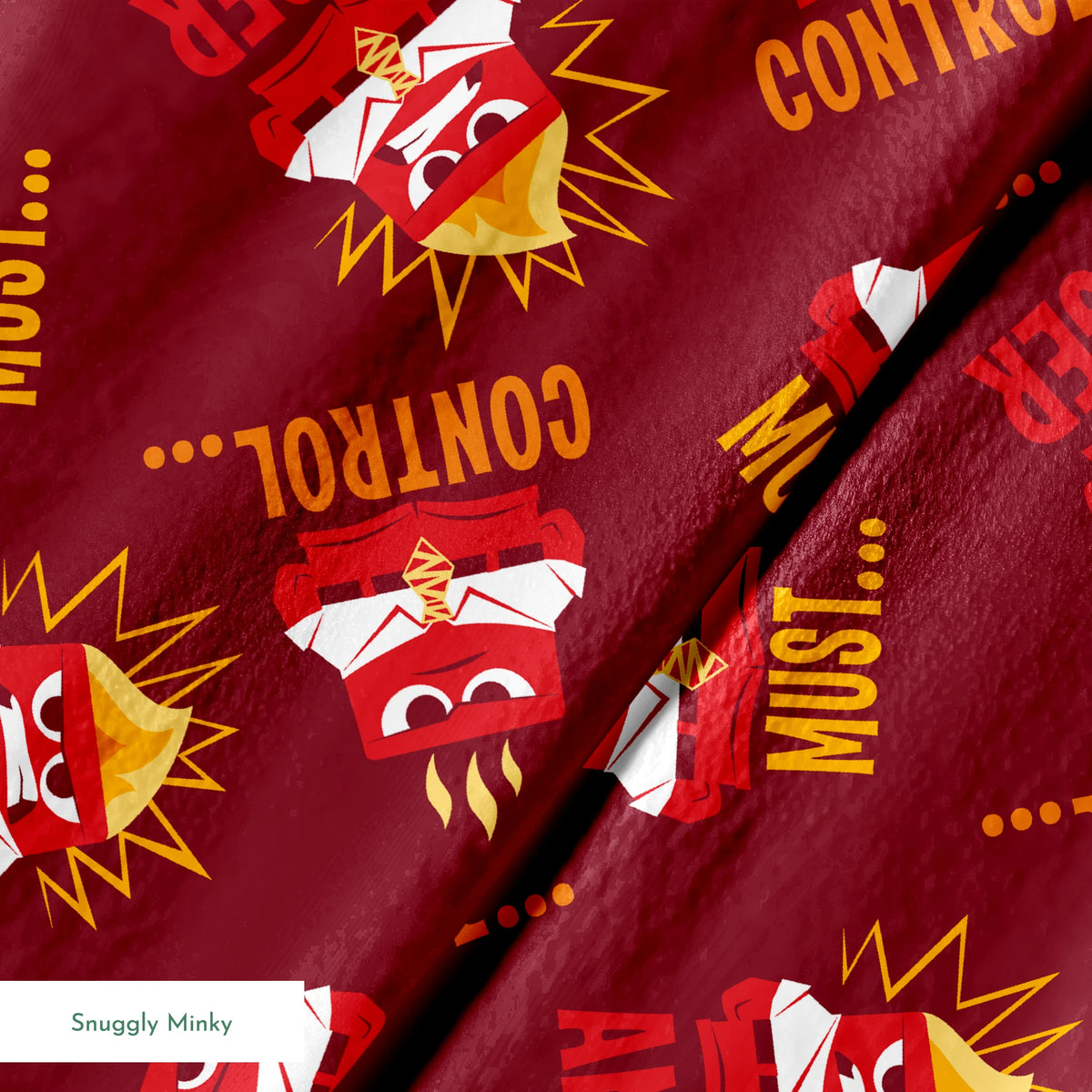 Red background pattern with Anger from Inside Out, explosions, and words "MUST... CONTROL... ANGER springs minky texture