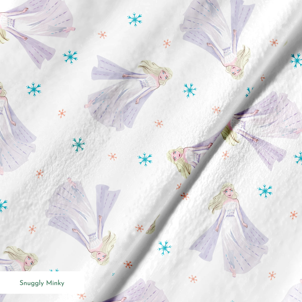 Whimsical pattern of Elsa with colorful snowflakes on white background springs minky texture