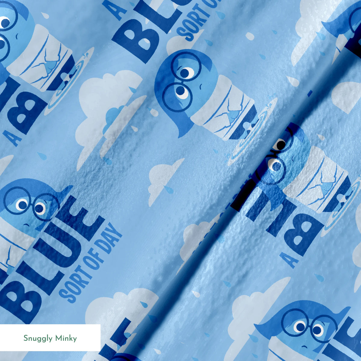 Sadness from Disney and Pixar's Inside Out pattern with "BLUE SORT OF DAY" text on light blue background with clouds springs minky texture