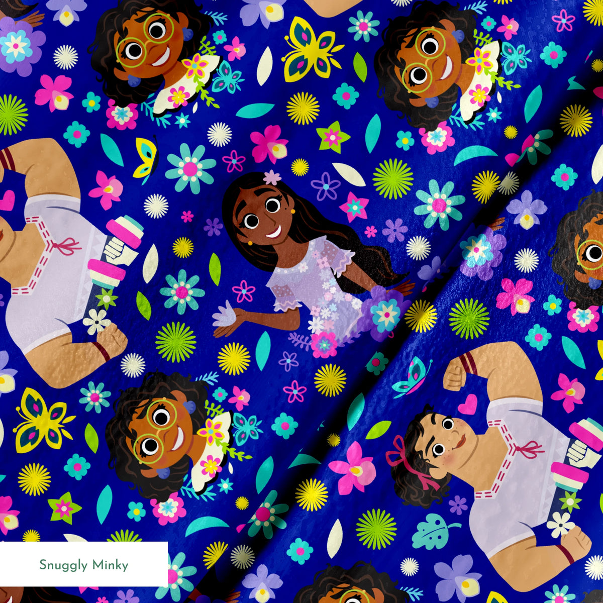 Colorful cartoon characters surrounded by bright flowers on vibrant blue background springs minky texture