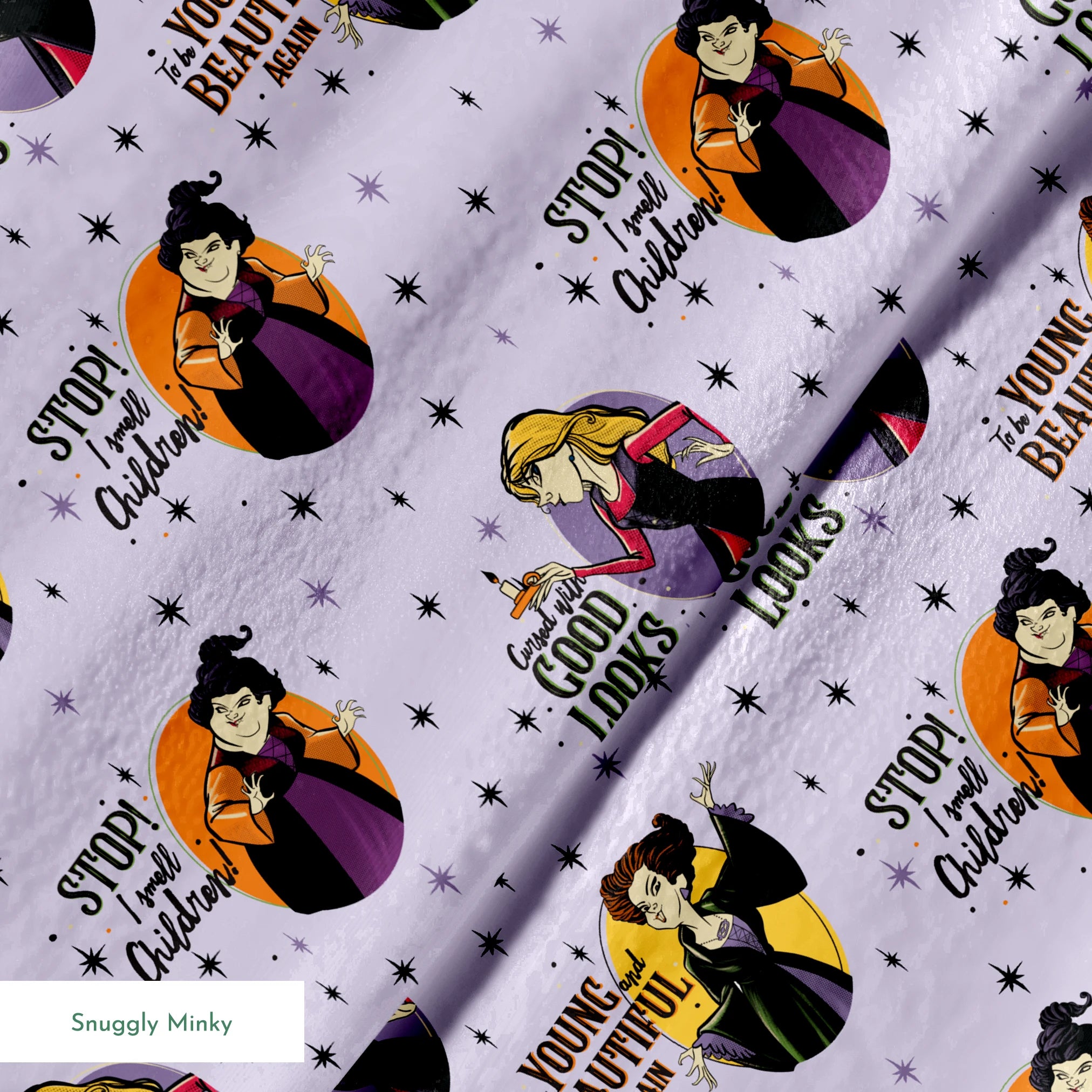 Disney villains pattern with circular portraits on purple starry background featuring animated characters and quote catchphrases springs minky texture