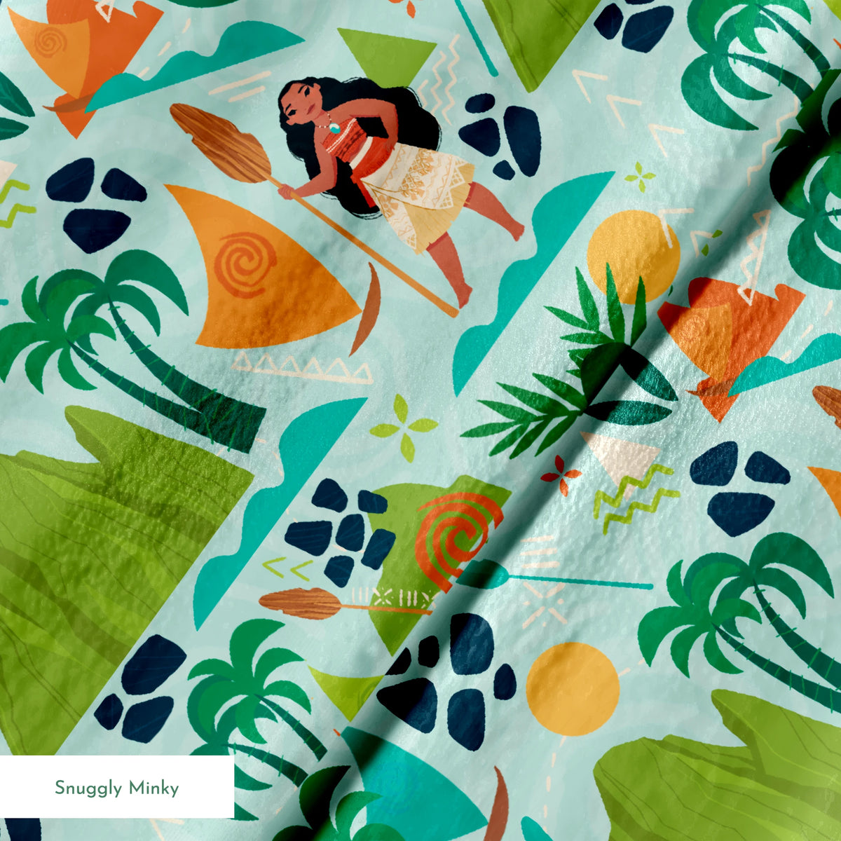 Tropical pattern with palm trees, mountains, sailboats and Polynesian-inspired motifs on mint green springs minky texture