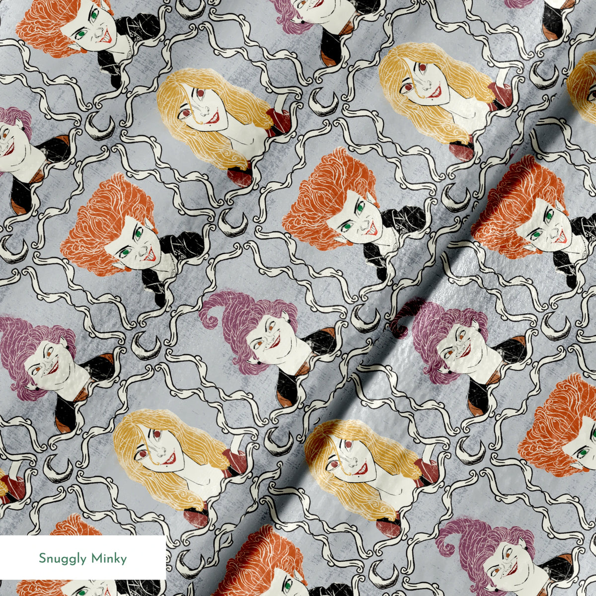 Illustrated portraits of fantasy characters with wild orange, blonde, and purple hair on gray patterned background springs minky texture