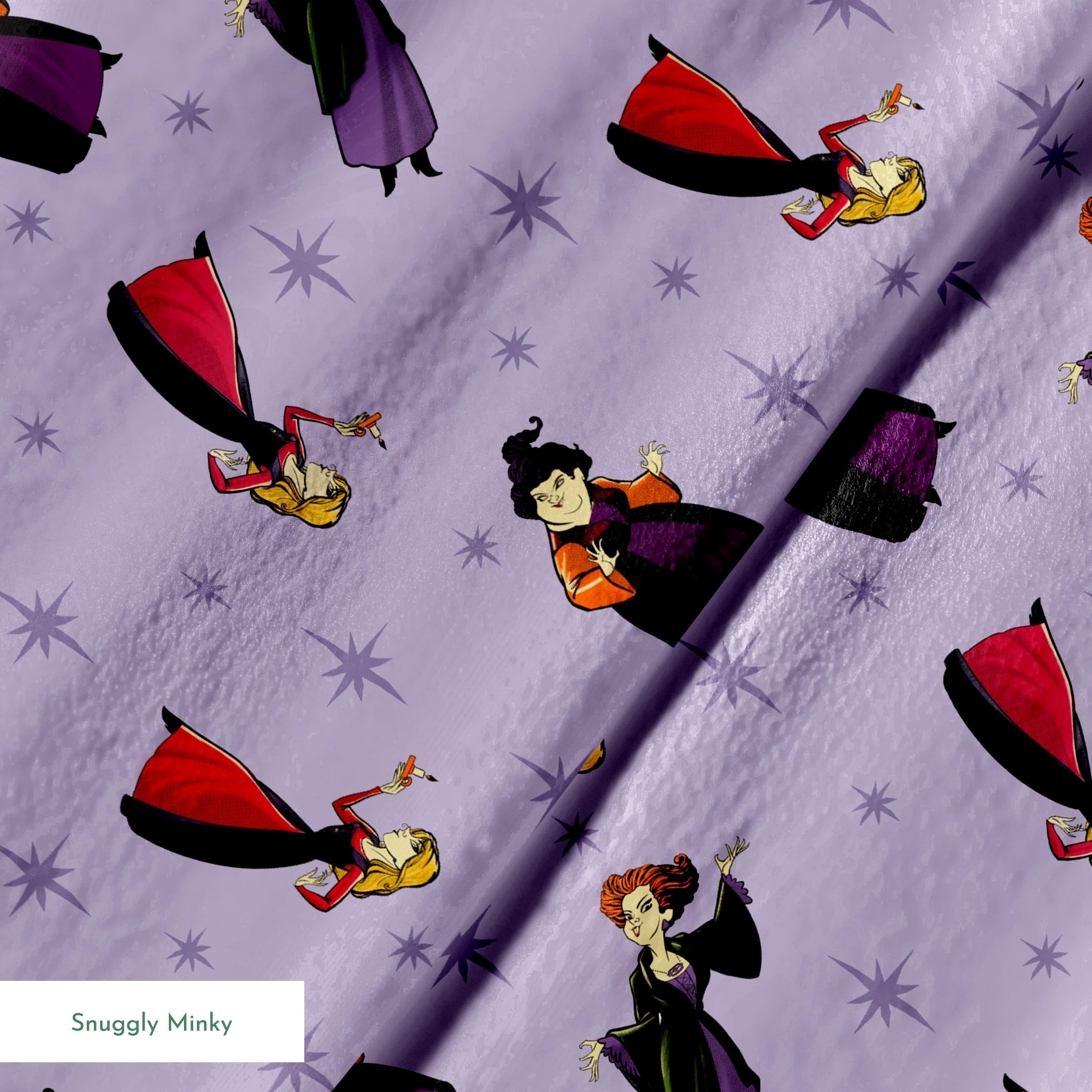 Purple background with cartoon characters in flowing capes and dresses with stars pattern, repeating decorative design springs minky texture