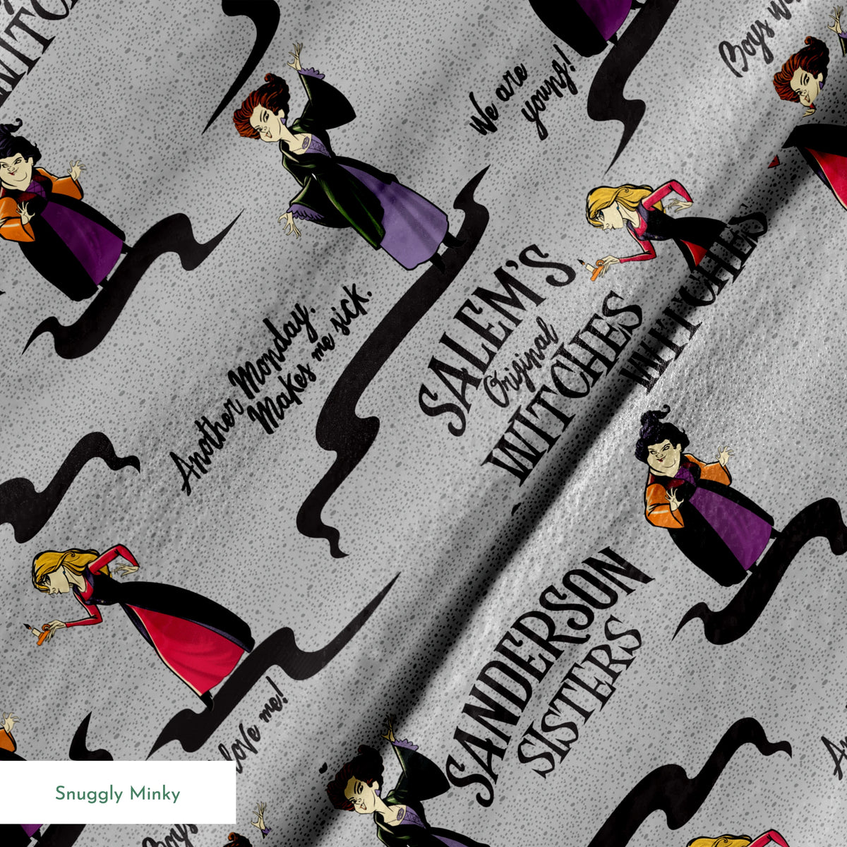 Sanderson Sisters pattern from Hocus Pocus with cartoon witches in purple and red dresses on gray background springs minky texture