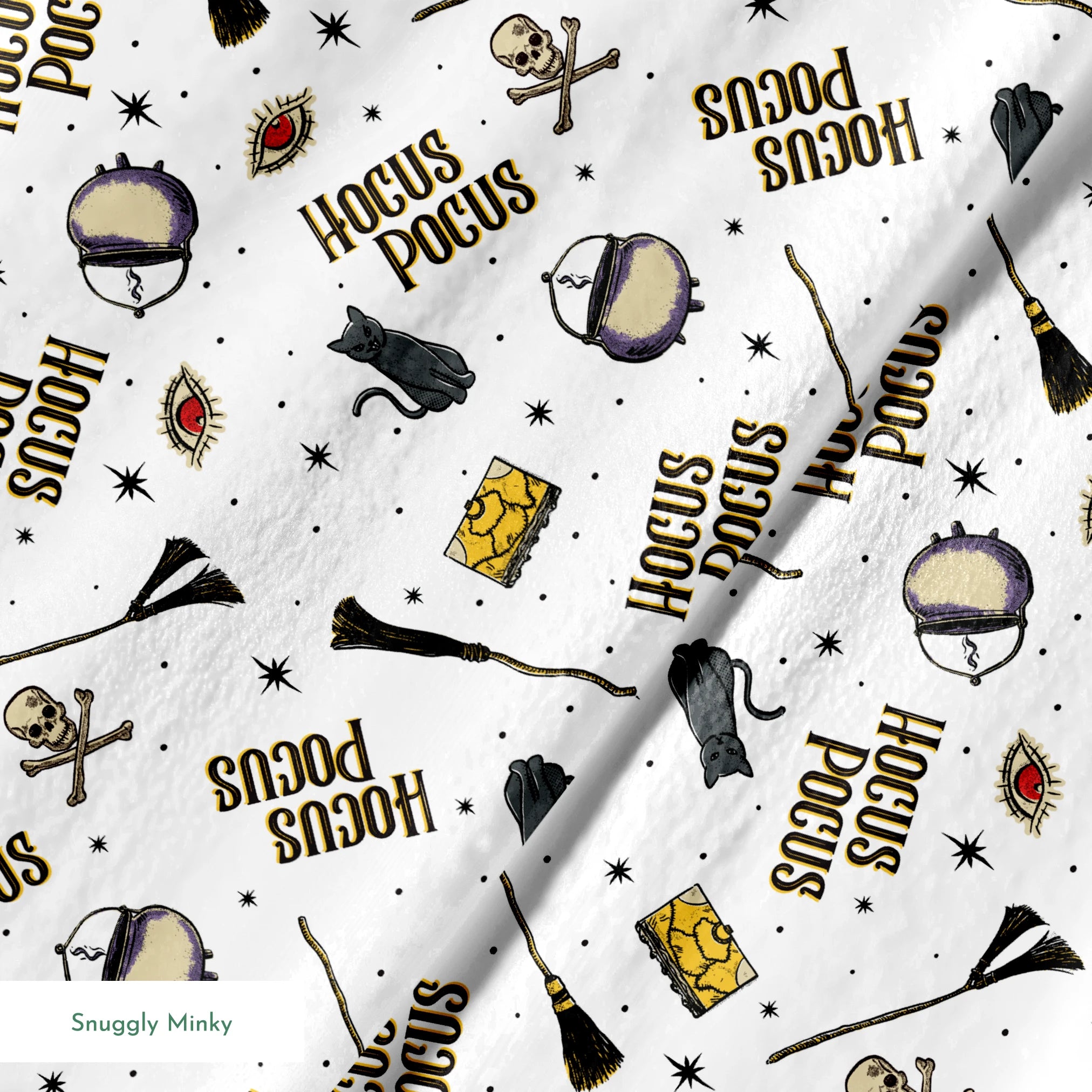 Repeating pattern of witchcraft items with "Hocus Pocus" text, cauldrons, brooms, and mystical symbols on white background springs minky texture
