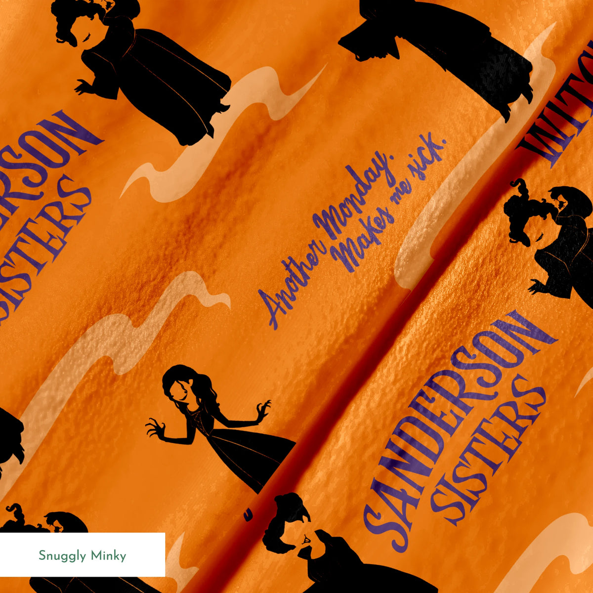 Orange background with silhouettes of witches in black robes and text "Sanderson Sisters" and "Salem's" in blue lettering springs minky texture
