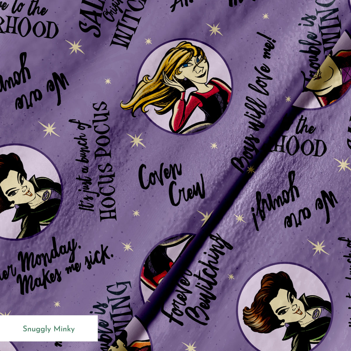 Purple background pattern with cartoon witches in circles, magical phrases and stars scattered throughout in black text springs minky texture
