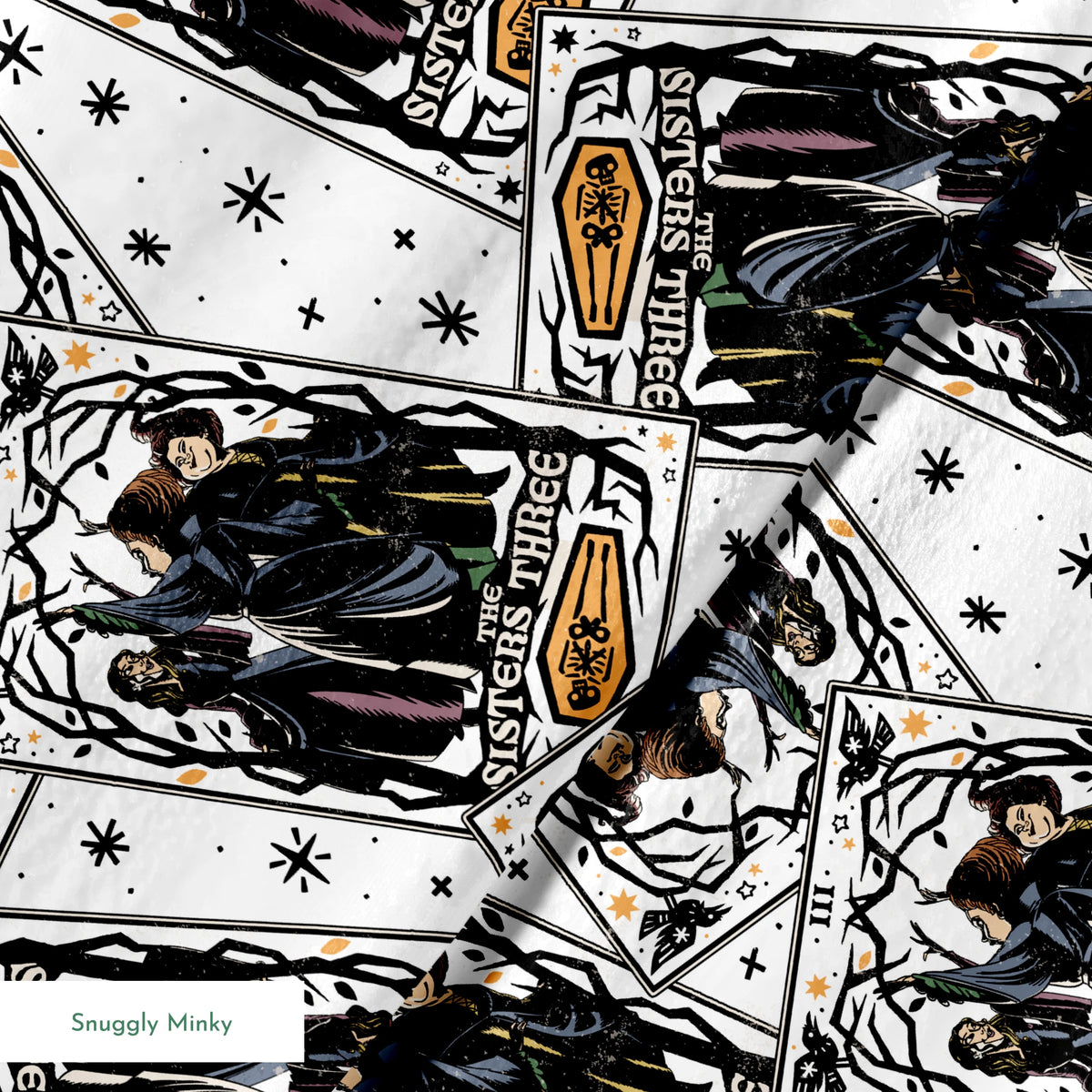 Scattered Hocus Pocus cards showing robed figures against white background with stars springs minky texture