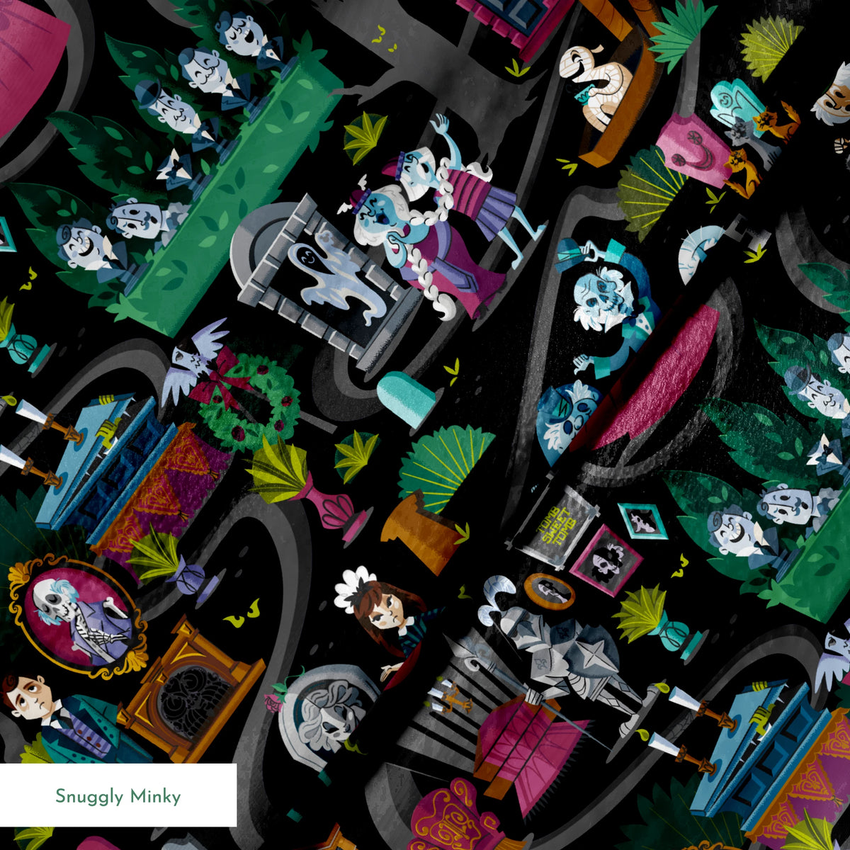 Dark background collage of colorful haunted house elements with ghosts, skeletons, potion bottles, and spooky characters in a whimsical pattern springs minky texture