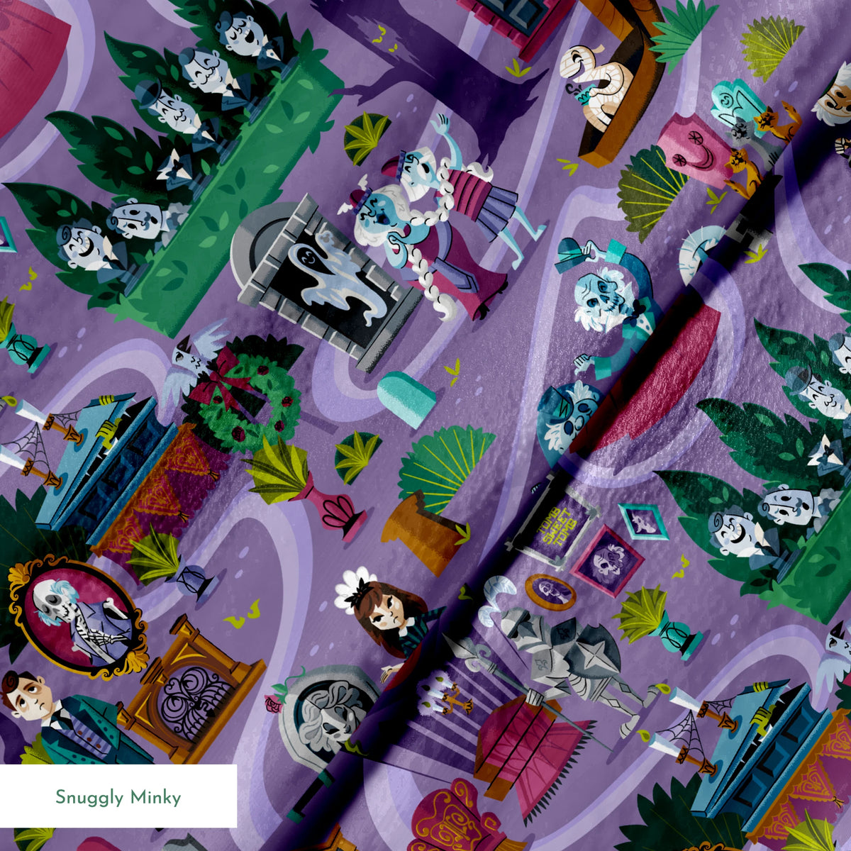 Colorful cartoon map of a spooky Halloween town with purple paths, ghosts, skeletons, and haunted houses. springs minky texture