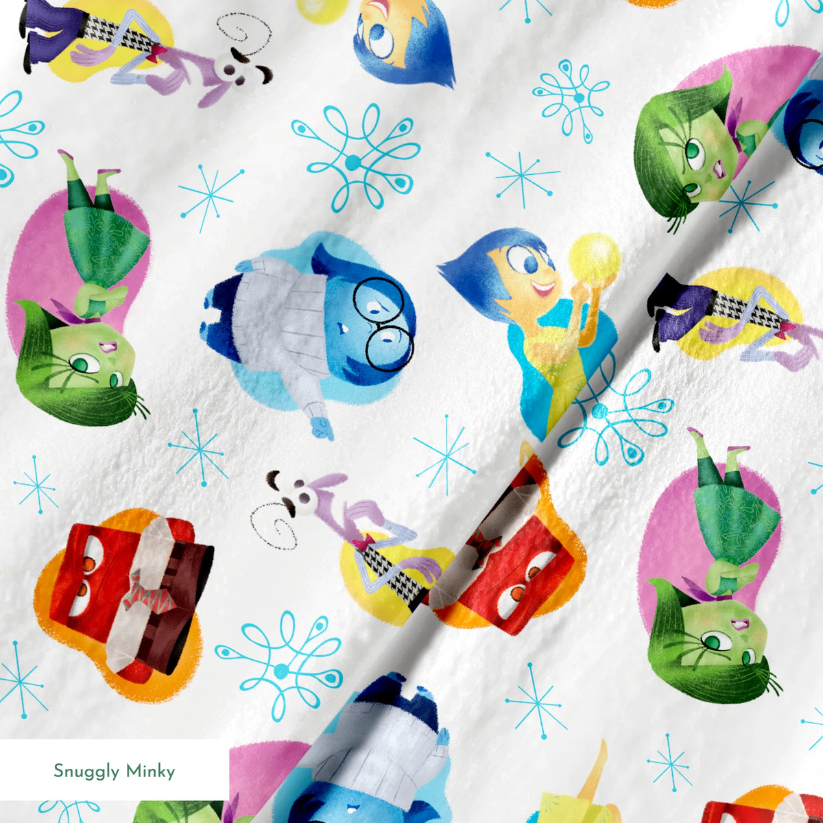 Colorful pattern of cartoon Inside Out characters with snowflake accents on white background springs minky texture