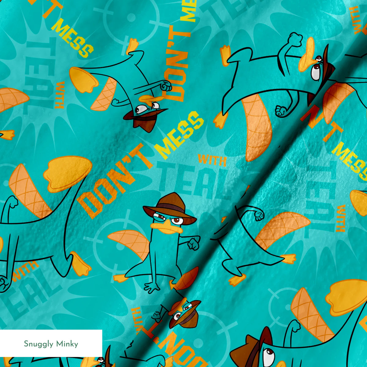 Cartoon pattern of platypus character in fedora hat with orange elements on teal background springs minky texture