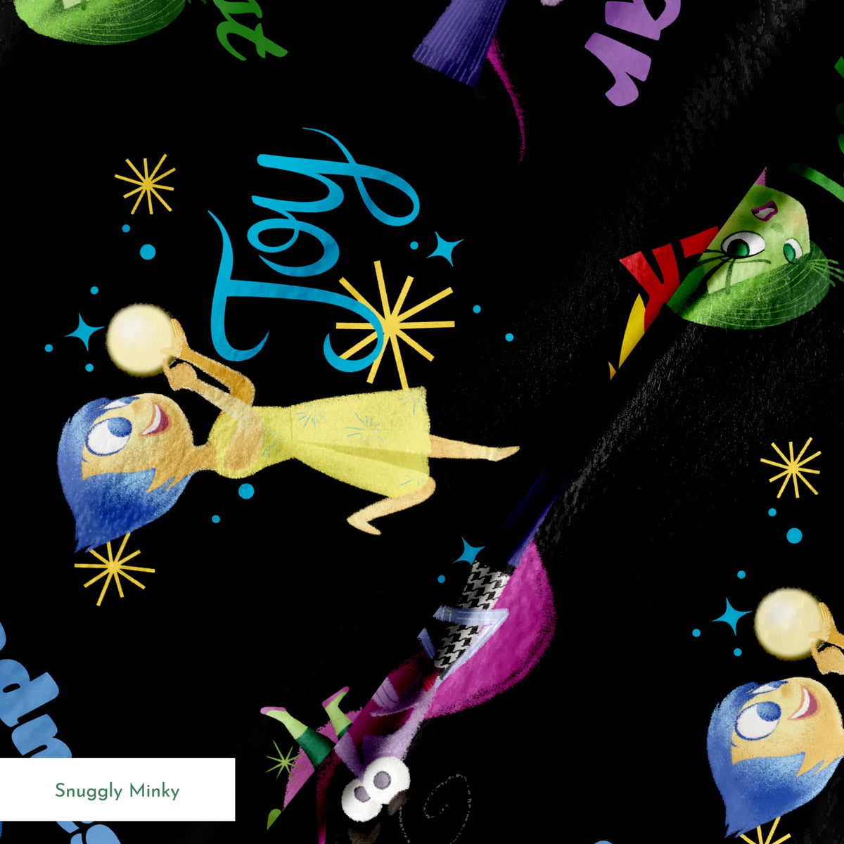 Colorful Pixar pattern on black background with Inside Out characters and emotion words like "Fear springs minky texture