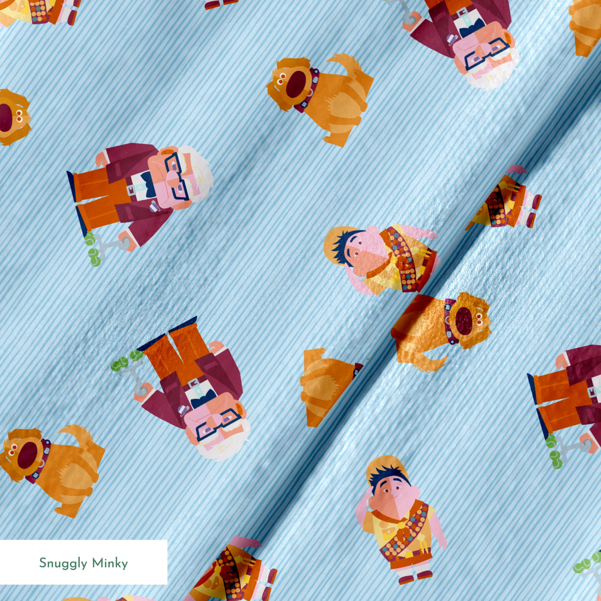Cartoon characters from Up movie pattern on light blue striped background, featuring colorful illustrations springs minky texture