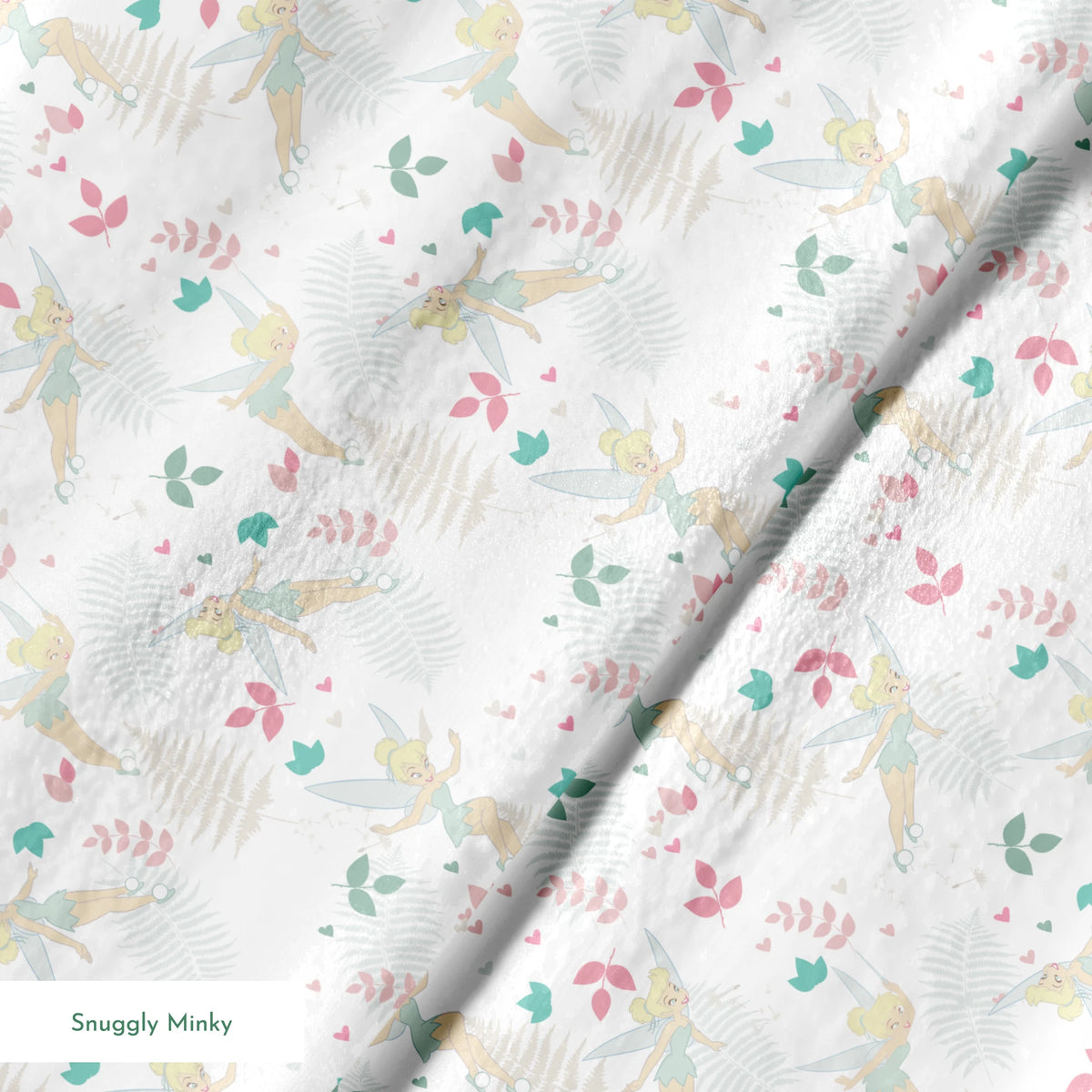 Whimsical pattern with Tinker Bell, white ferns, pink and teal foliage on light background springs minky texture