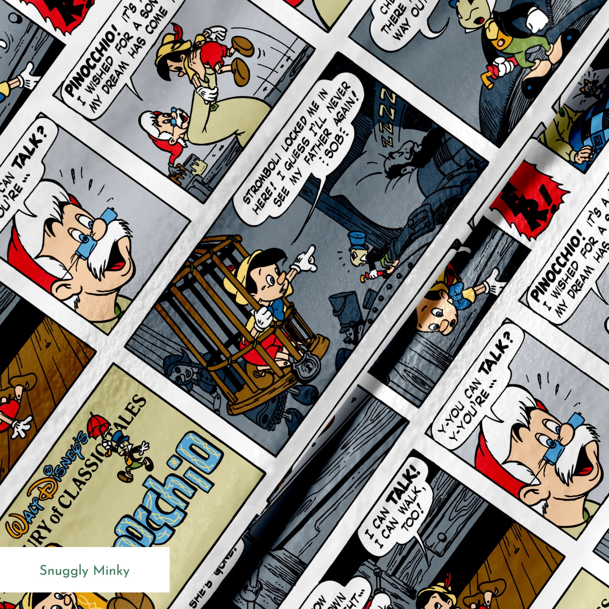 Comic strip collage featuring multiple panels from vintage comics with colorful characters, speech bubbles, and various cartoon scenes arranged in a grid pattern. springs minky texture