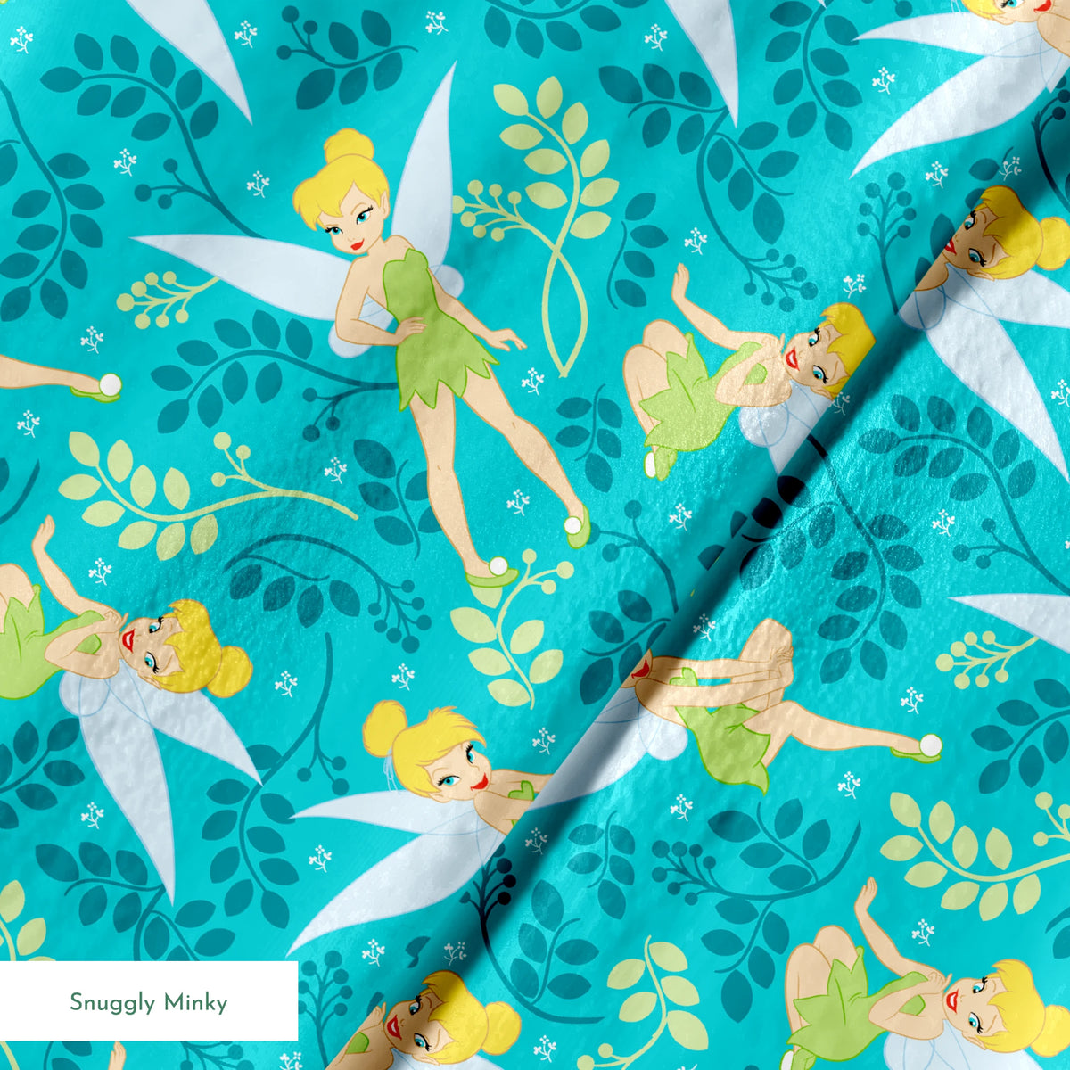 A whimsical pattern featuring Tinker Bell against a teal background with decorative green foliage and yellow accents. springs minky texture