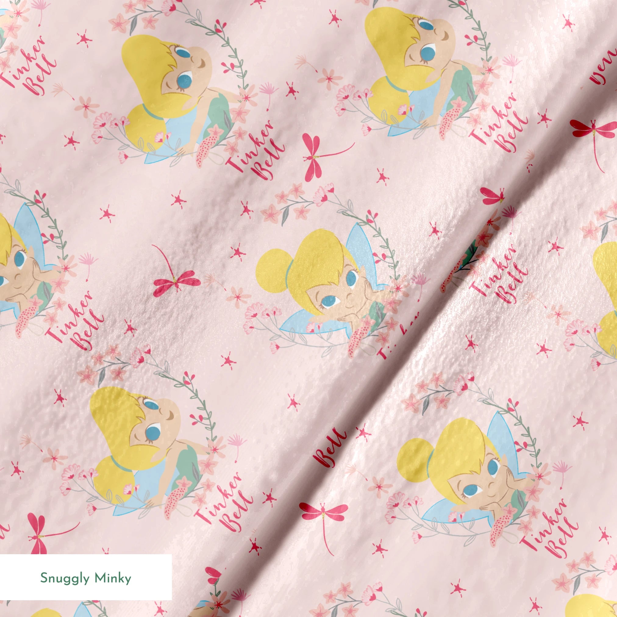 Pink background with Tinker Bell surrounded by flowers, stars, and dragonflies springs minky texture