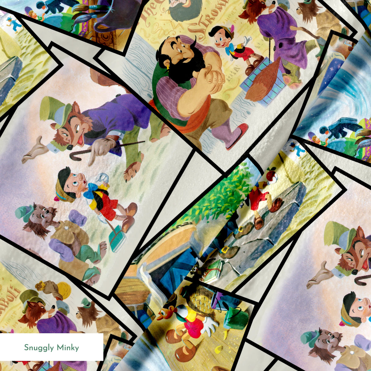 Colorful collage of Pinocchio scenes showing the wooden puppet, Geppetto, and other characters from the classic fairy tale. springs minky texture