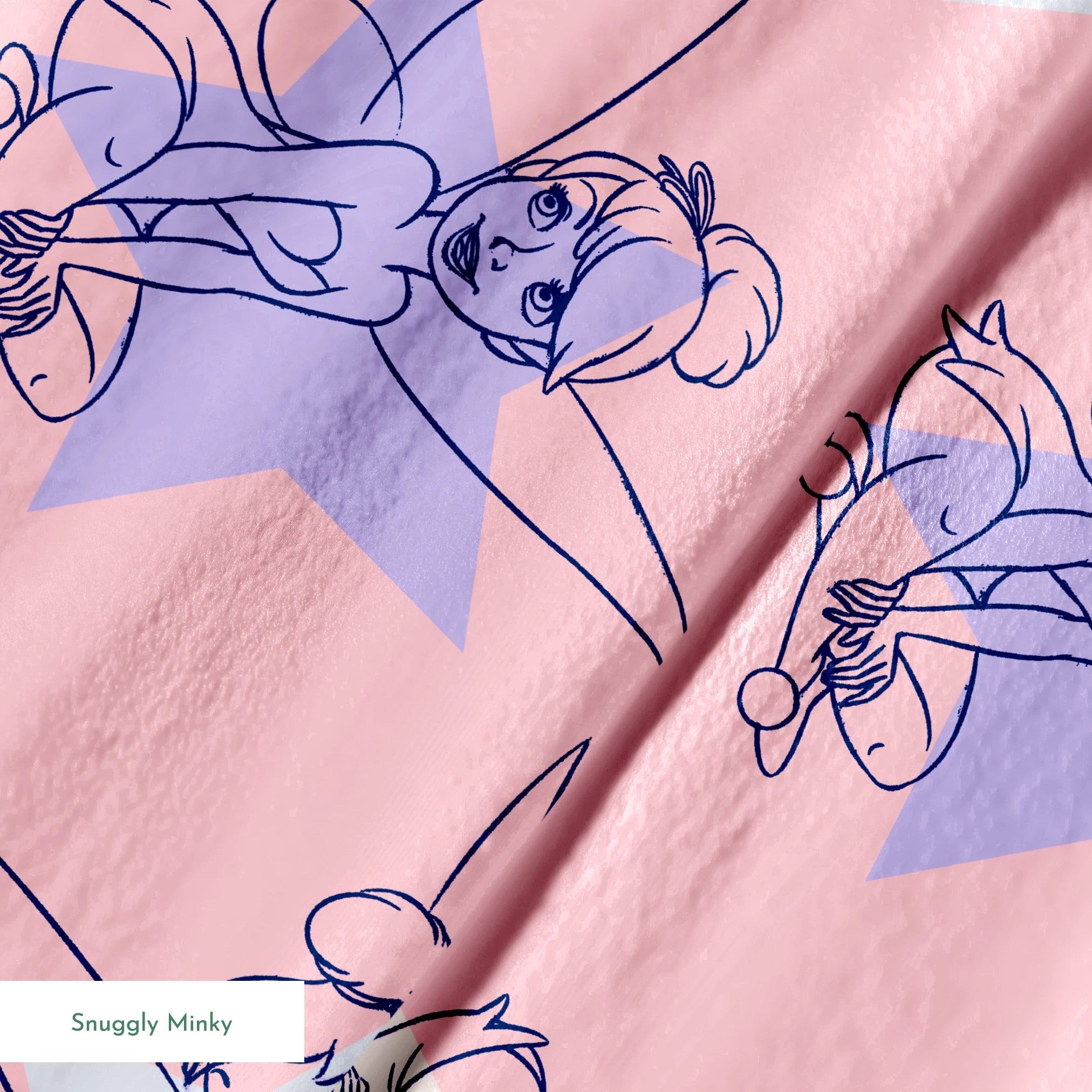 Whimsical Tinker Bells in outlined blue and white style on a soft pink background springs minky texture