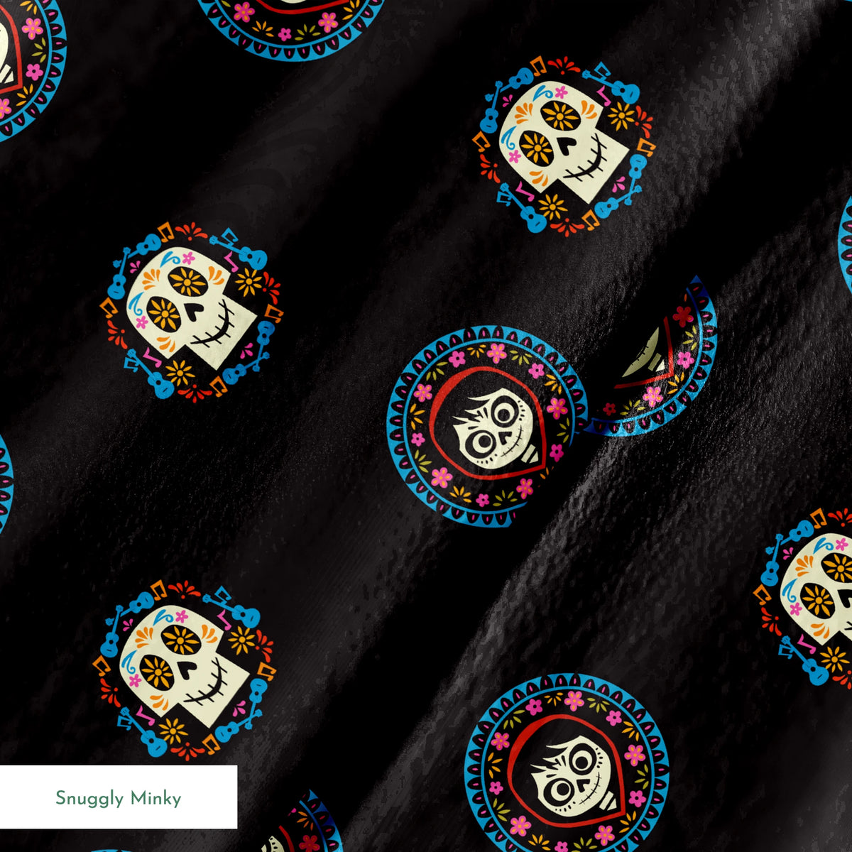 Colorful Coco sugar skull pattern with decorative circular borders on black background springs minky texture