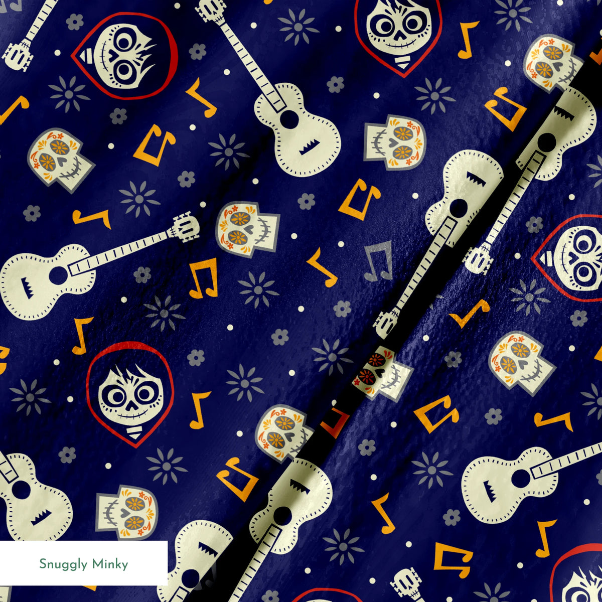 Coco dark blue pattern with white acoustic guitars, decorative skulls, orange musical notes, and circular designs scattered across a starry background. springs minky texture