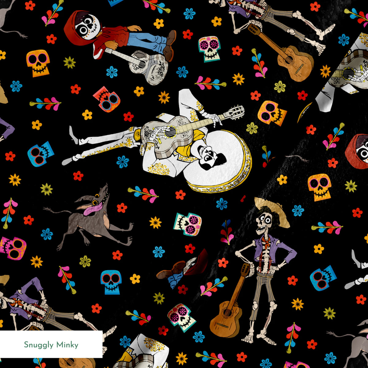 Colorful Coco Day of the Dead pattern with skeleton figures playing instruments, skulls, and flowers on black background springs minky texture