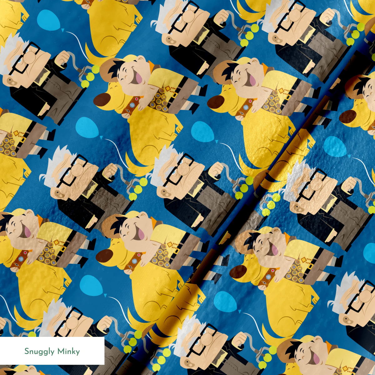 Cartoon pattern featuring characters from Pixar's "Up" with blue balloons, yellow dogs, and scouts springs minky texture