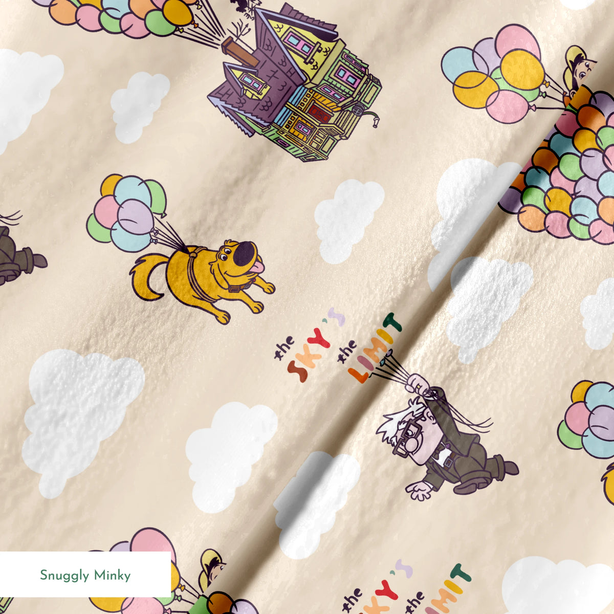 Pixar Up's characters floating with colorful balloons against beige sky with "sky's the limit" text springs minky texture
